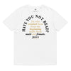white christian t-shirt with black and gold letters