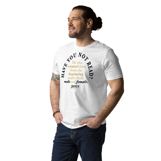 white man in white christian t-shirt with black and gold letters